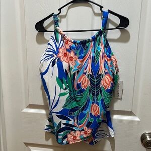 Jantzen Blue Floral Halter swim top  with Coral and Green Accents